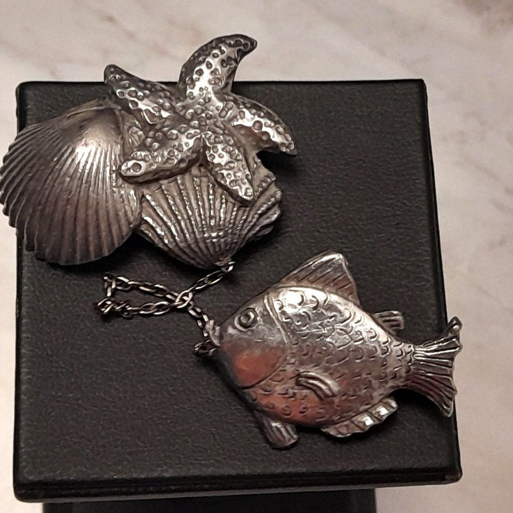 Seagull Pewter Brooch Fish and Starfish